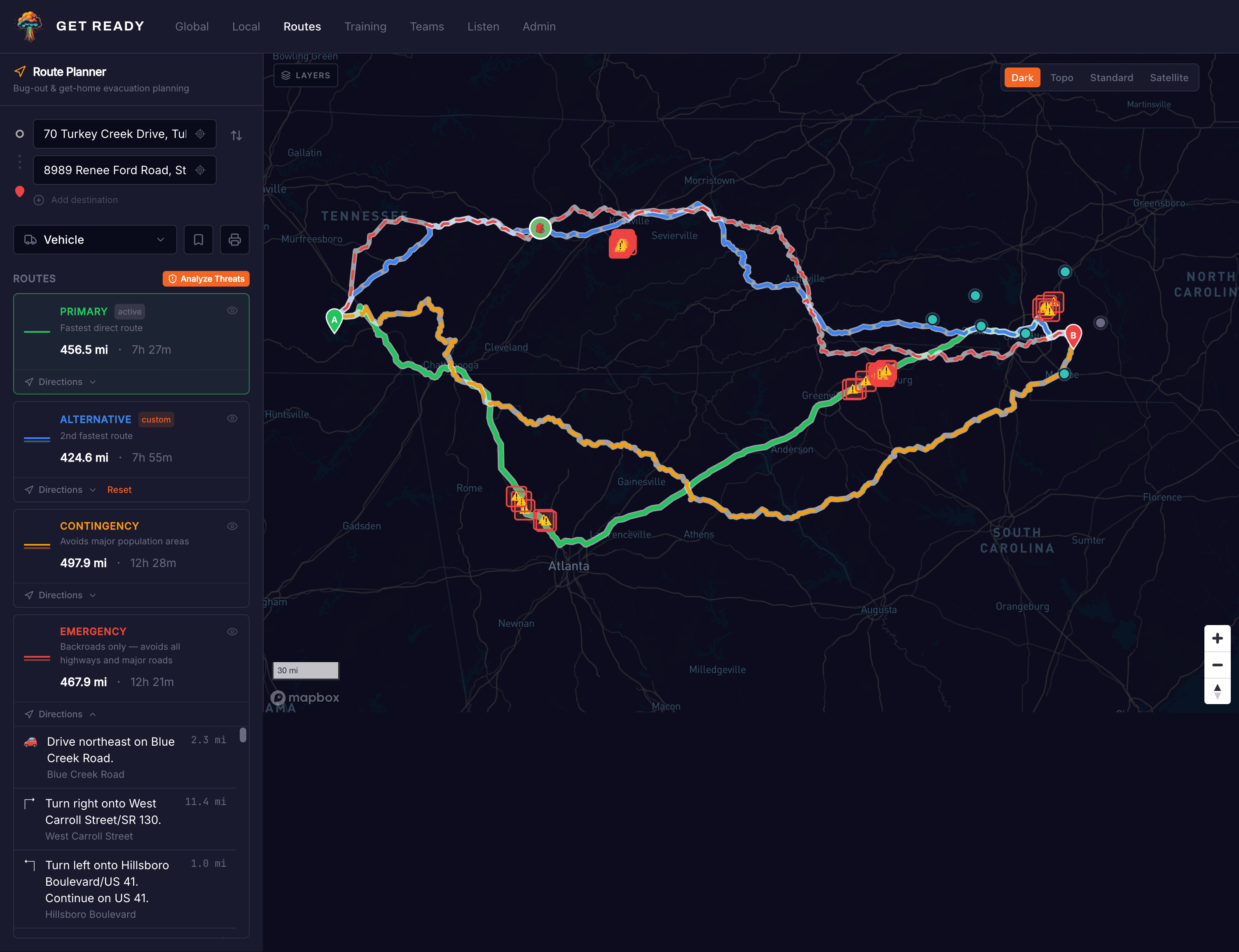 Route planner showing four PACE evacuation routes on a dark map with hazard overlays and route statistics sidebar.