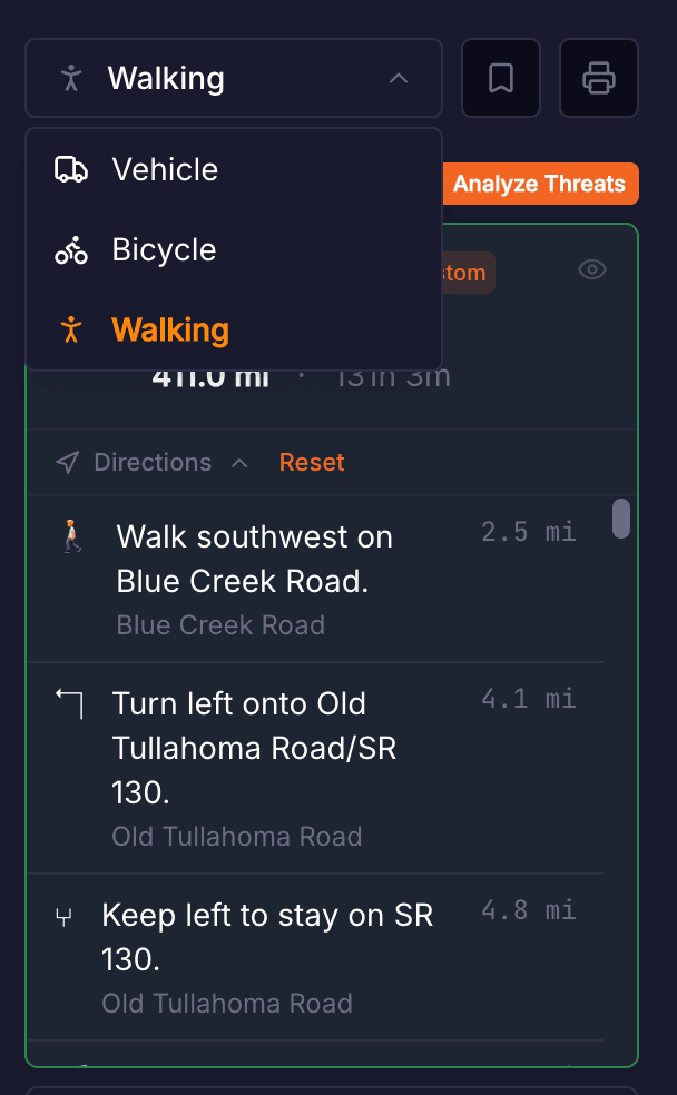Transport mode selector showing vehicle, bicycle, and foot options for route planning.