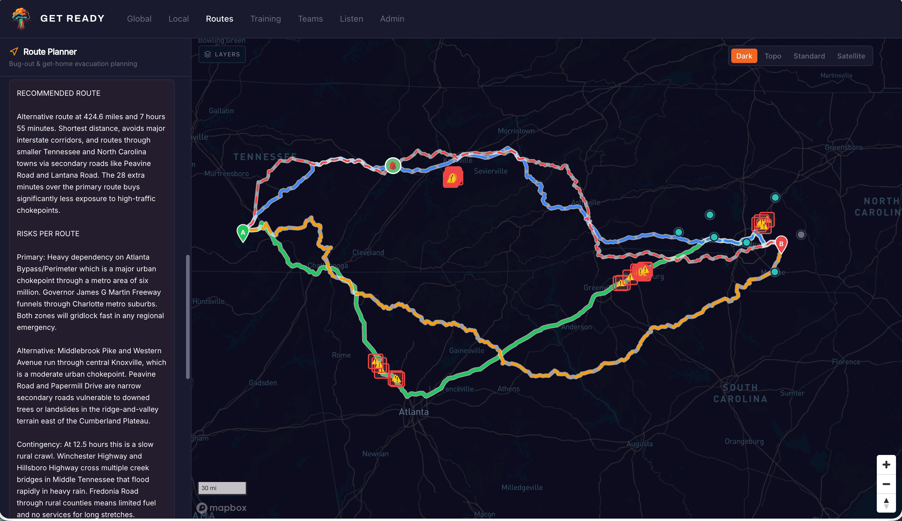 AI threat analysis panel showing recommended route and plain-language risk breakdown per PACE variant.