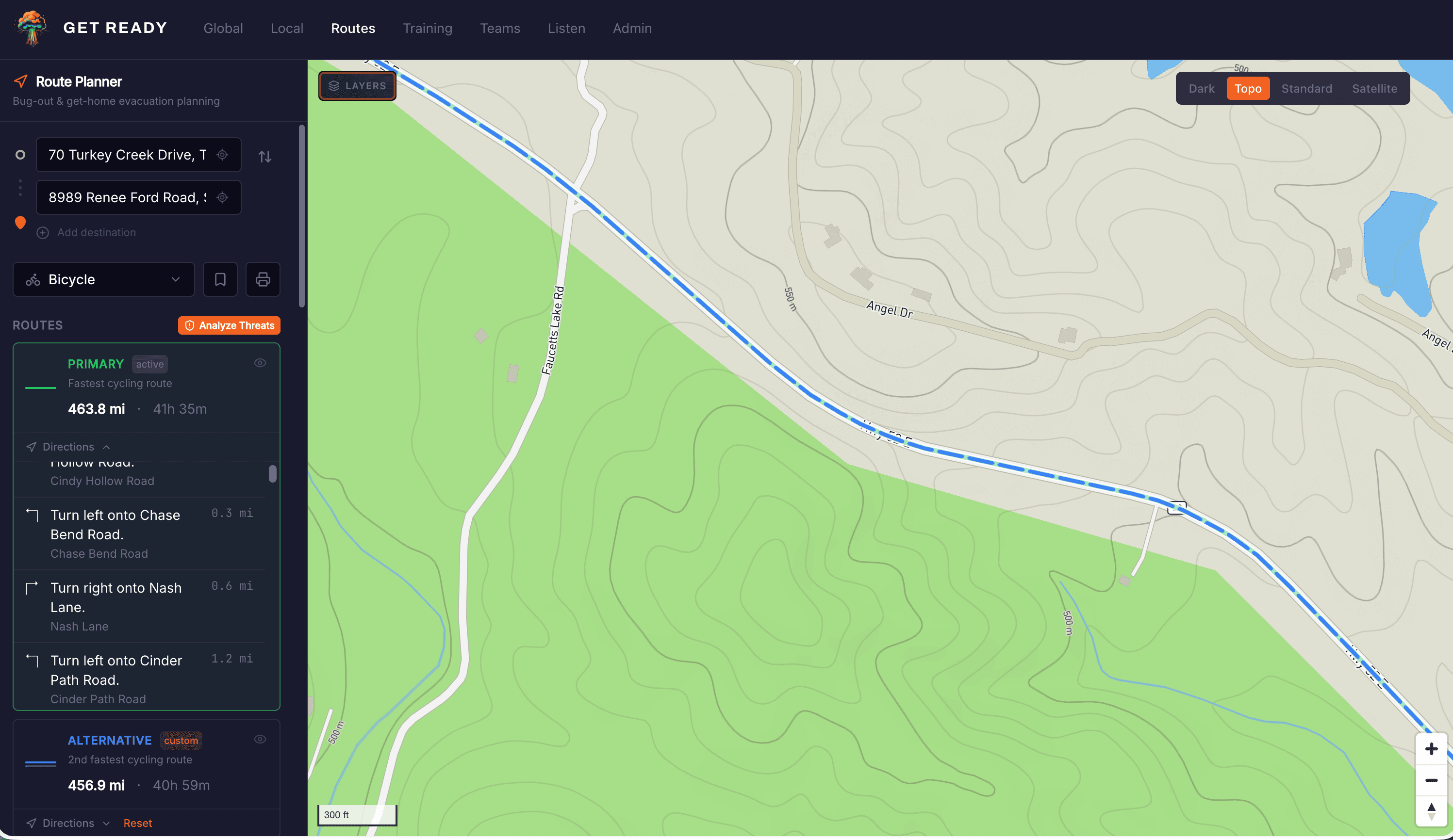 Topographic map view showing evacuation route through mountain terrain with contour lines and elevation data.
